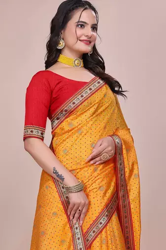 Yellow blended cotton woven zari work saree with blouse