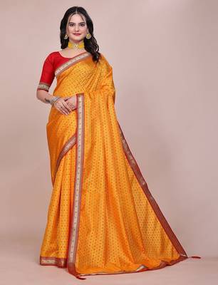 Yellow blended cotton woven zari work saree with blouse 1