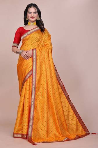 Yellow blended cotton woven zari work saree with blouse