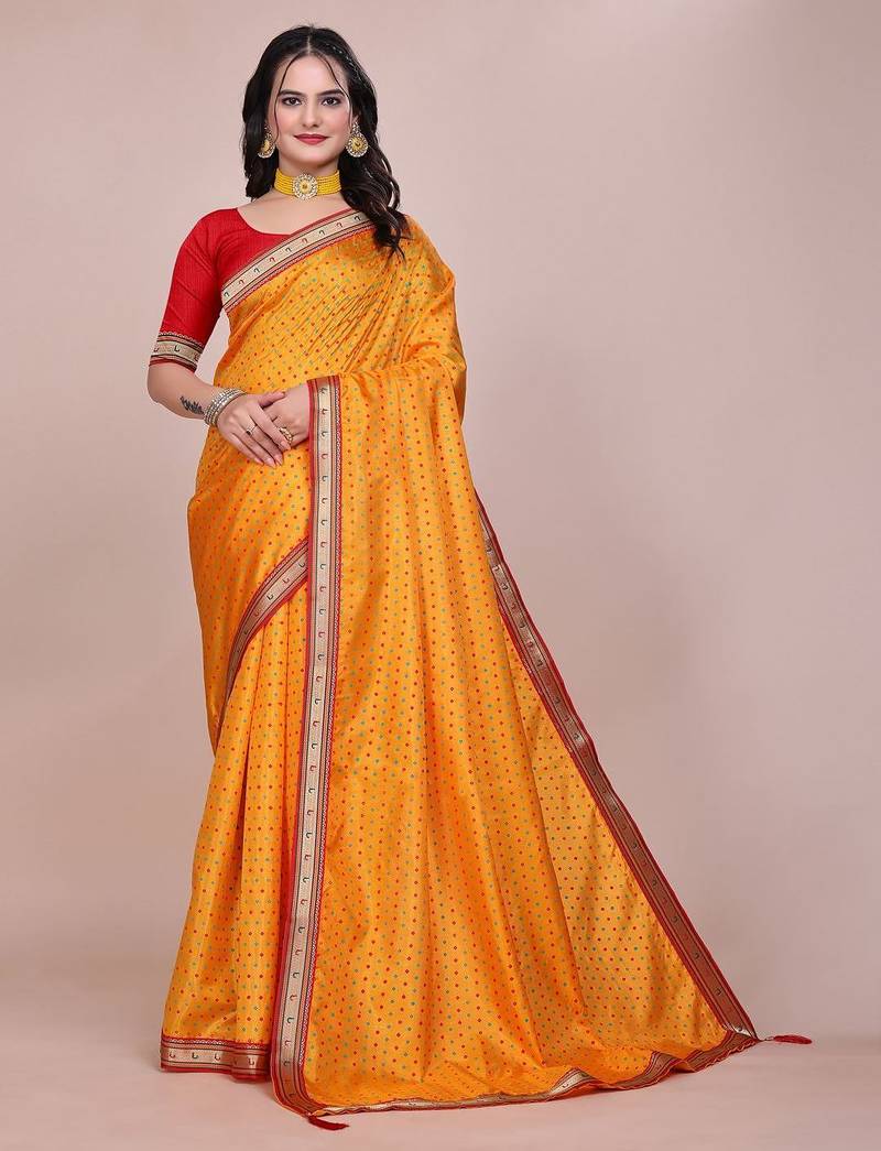 Yellow blended cotton woven zari work saree with blouse