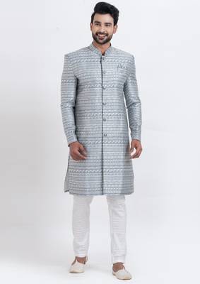 Grey jacquard silk premium designer festive wear indo western set 5