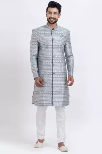 Grey jacquard silk premium designer festive wear indo western set