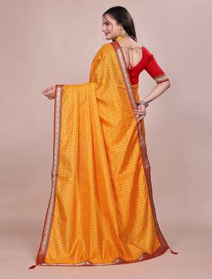 Yellow blended cotton woven zari work saree with blouse 2
