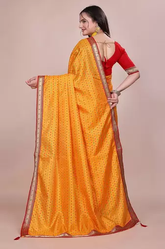 Yellow blended cotton woven zari work saree with blouse