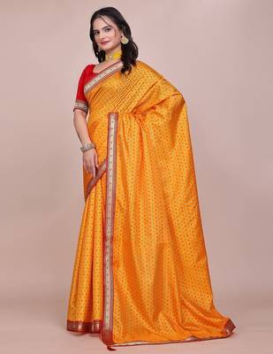 Yellow blended cotton woven zari work saree with blouse 3