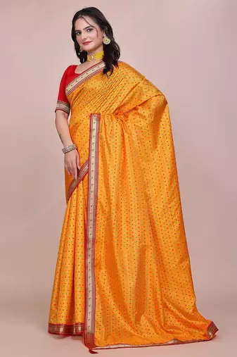 Yellow blended cotton woven zari work saree with blouse