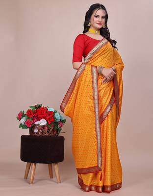 Yellow blended cotton woven zari work saree with blouse 4