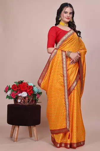 Yellow blended cotton woven zari work saree with blouse