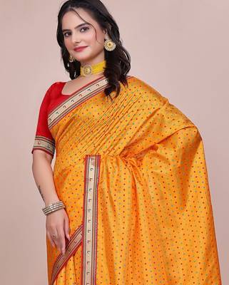 Yellow blended cotton woven zari work saree with blouse 5