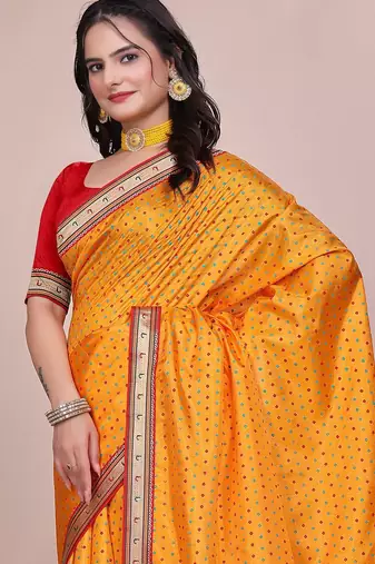 Yellow blended cotton woven zari work saree with blouse