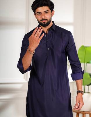 Blue color cotton satin fabric beautiful solid festive special kurta payjama 3