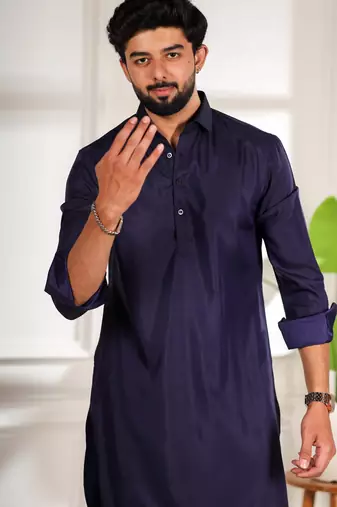 Blue color cotton satin fabric beautiful solid festive special kurta payjama