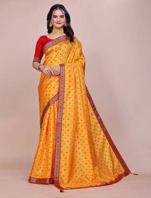 Yellow blended cotton woven zari work saree with blouse 1
