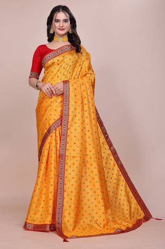 Yellow blended cotton woven zari work saree with blouse