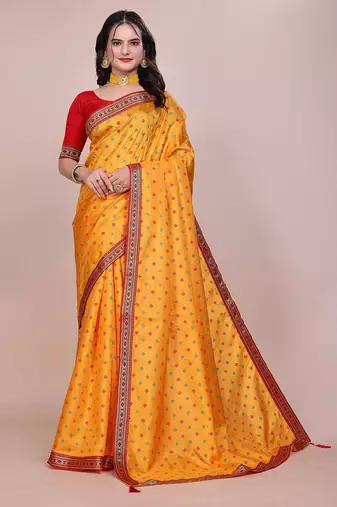 Yellow blended cotton woven zari work saree with blouse