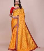 Yellow blended cotton woven zari work saree with blouse
