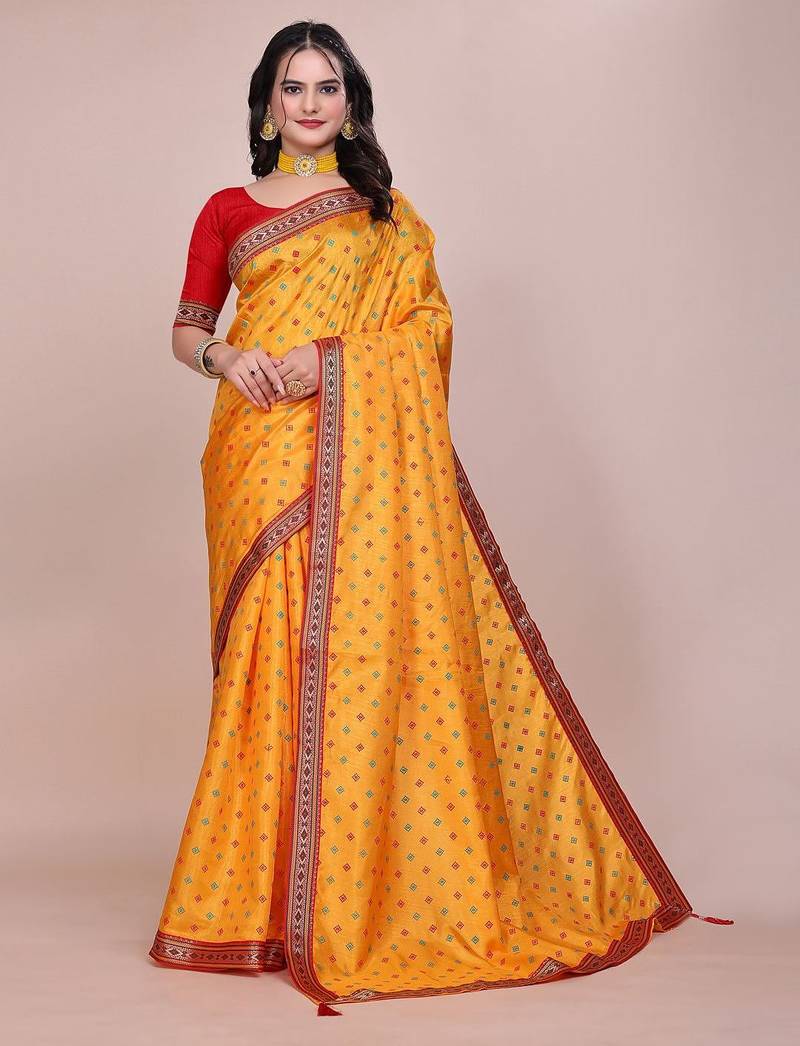 Yellow blended cotton woven zari work saree with blouse