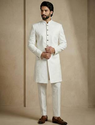 White donier jacquard premium designer festive wear indo western set 3