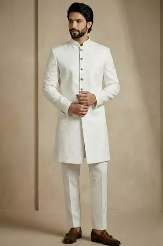 White donier jacquard premium designer festive wear indo western set