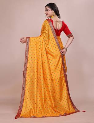 Yellow blended cotton woven zari work saree with blouse 2