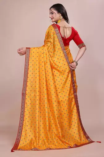 Yellow blended cotton woven zari work saree with blouse