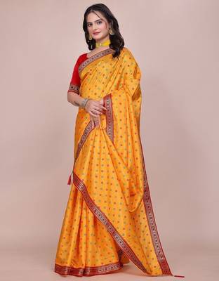 Yellow blended cotton woven zari work saree with blouse 3
