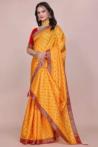 Yellow blended cotton woven zari work saree with blouse
