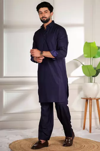Blue color cotton satin fabric beautiful solid festive special kurta payjama