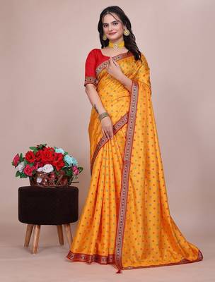 Yellow blended cotton woven zari work saree with blouse 4