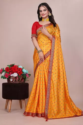 Yellow blended cotton woven zari work saree with blouse