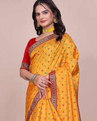 Yellow blended cotton woven zari work saree with blouse 5