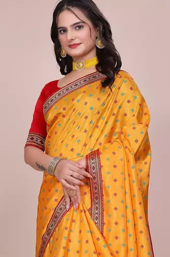 Yellow blended cotton woven zari work saree with blouse