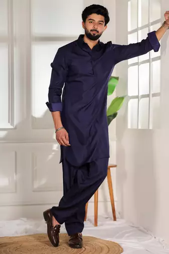 Blue color cotton satin fabric beautiful solid festive special kurta payjama