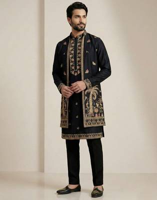 Black doniyar shartin premium designer festive wear kurta pyjama with long jacket set 4
