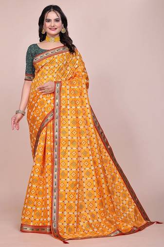 Yellow blended cotton woven zari work saree with blouse