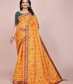 Yellow blended cotton woven zari work saree with blouse