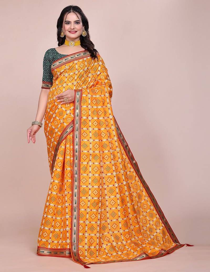 Yellow blended cotton woven zari work saree with blouse