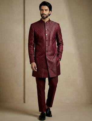Dark maroon donier jacquard premium designer festive wear indo western set 3