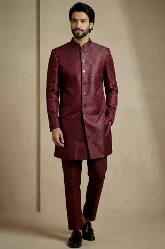 Dark maroon donier jacquard premium designer festive wear indo western set