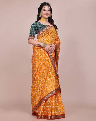 Yellow blended cotton woven zari work saree with blouse 2