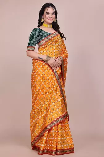 Yellow blended cotton woven zari work saree with blouse