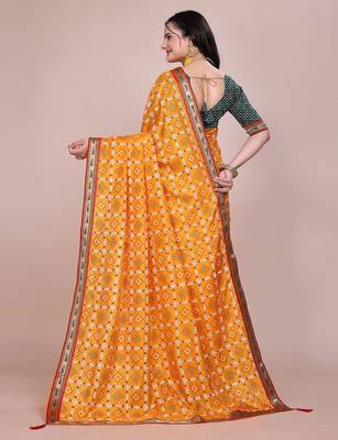 Yellow blended cotton woven zari work saree with blouse 3
