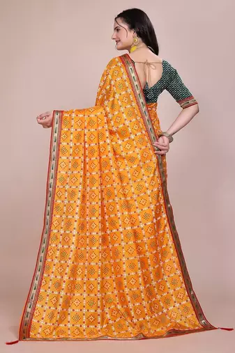Yellow blended cotton woven zari work saree with blouse