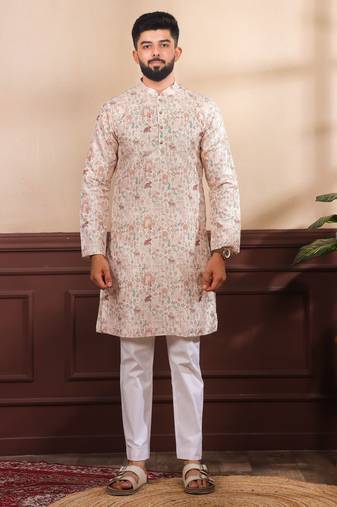 Beige color cotton fabric stylish fancy partywear kurta payjama for men's