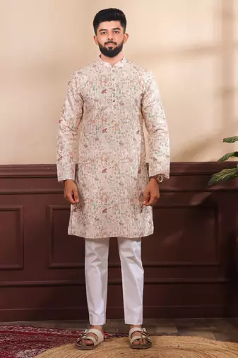 Beige color cotton fabric stylish fancy partywear kurta payjama for men's