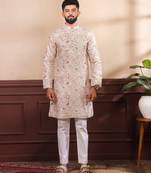 Beige color cotton fabric stylish fancy partywear kurta payjama for men's