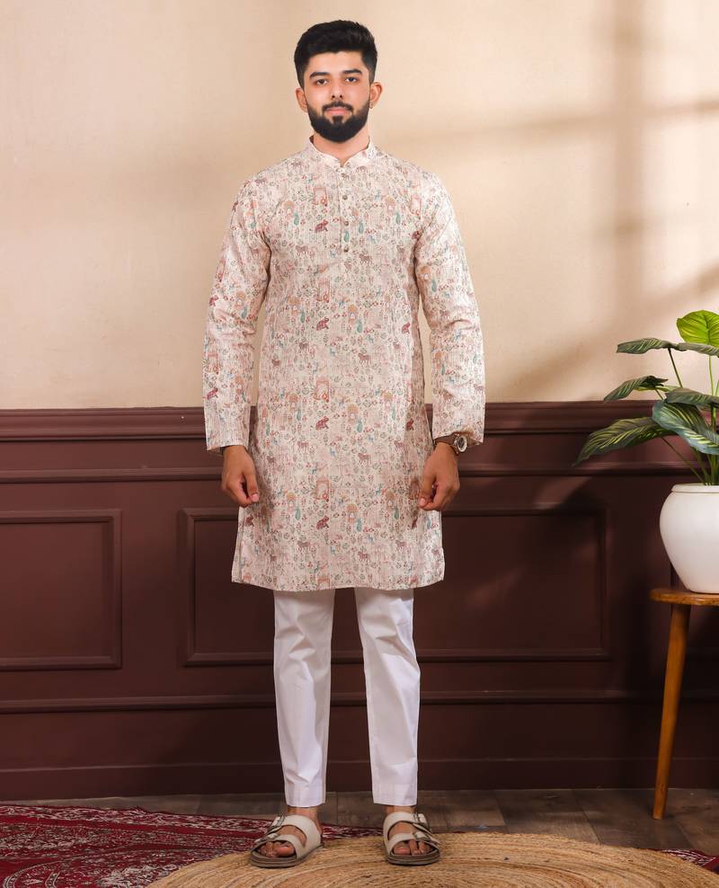 Beige color cotton fabric stylish fancy partywear kurta payjama for men's