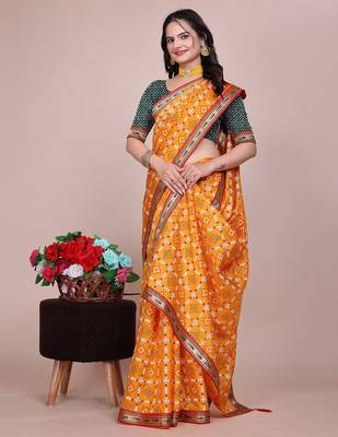 Yellow blended cotton woven zari work saree with blouse 4