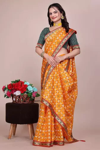 Yellow blended cotton woven zari work saree with blouse