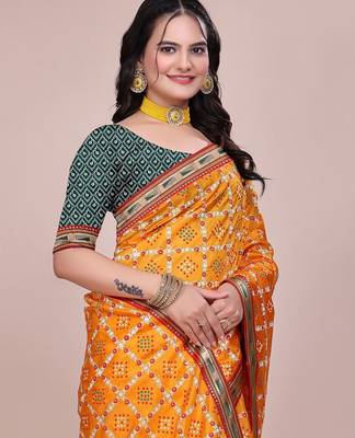 Yellow blended cotton woven zari work saree with blouse 5